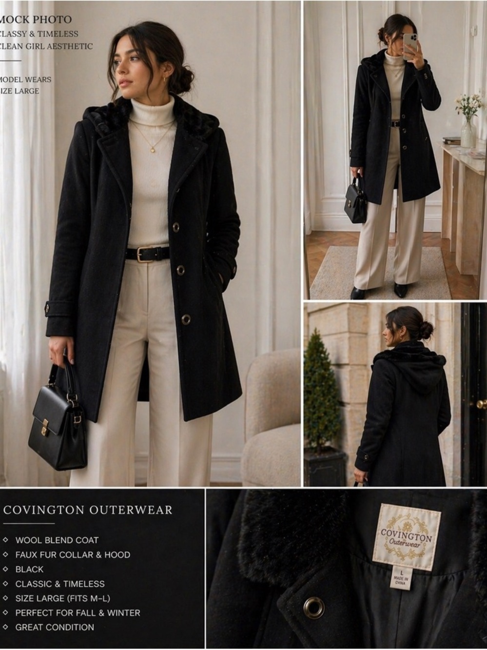 Covington Black Wool-Blend Coat with Red Trim